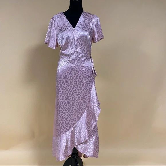 Simplee Dusty Pink Leopard Asymmetrical Ruffle Hem Wrap Belted Satin Dress Sz L - Picture 6 of 14